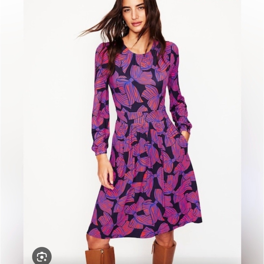 NWT Boden Sz 10 Alexandra‎ Blouson Jersey Dress Navy Blue Red Bow Novelty Print